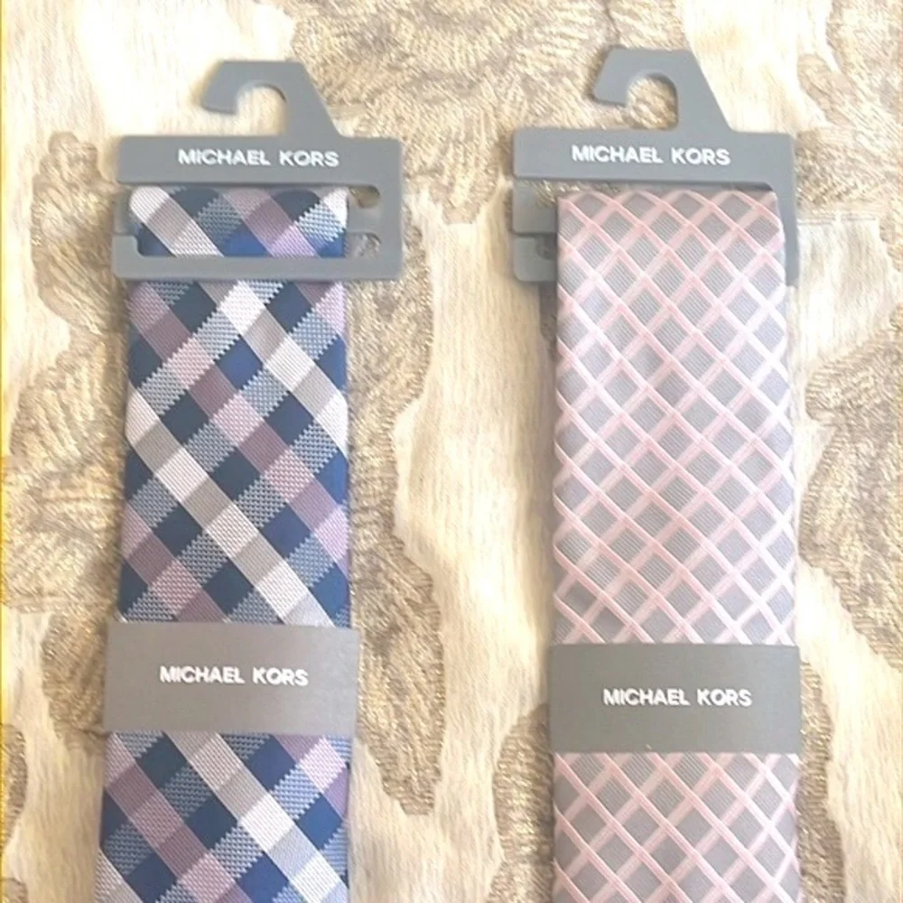 Brand New Michael Kors Set of 2 Ties Checkered Plaid Satin Sheen Business Office
